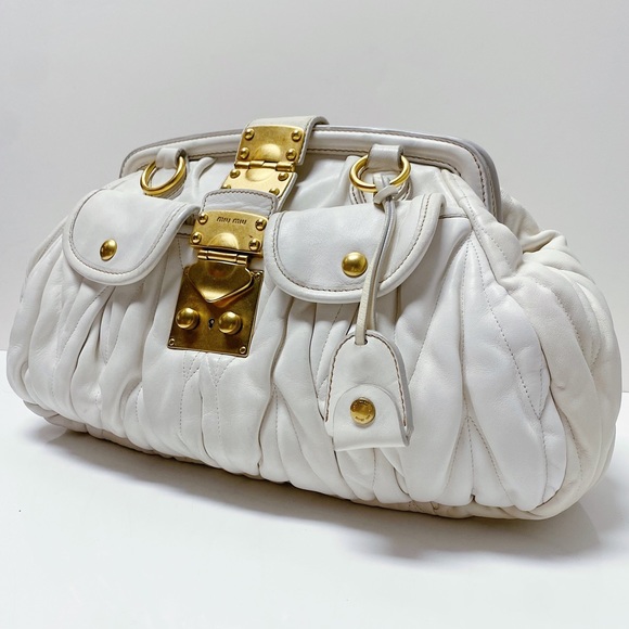 Miu Miu Matelassé Ivory Cream Gold Nappa Leather Large Pouch Clutch Bag Italy - Picture 2 of 13